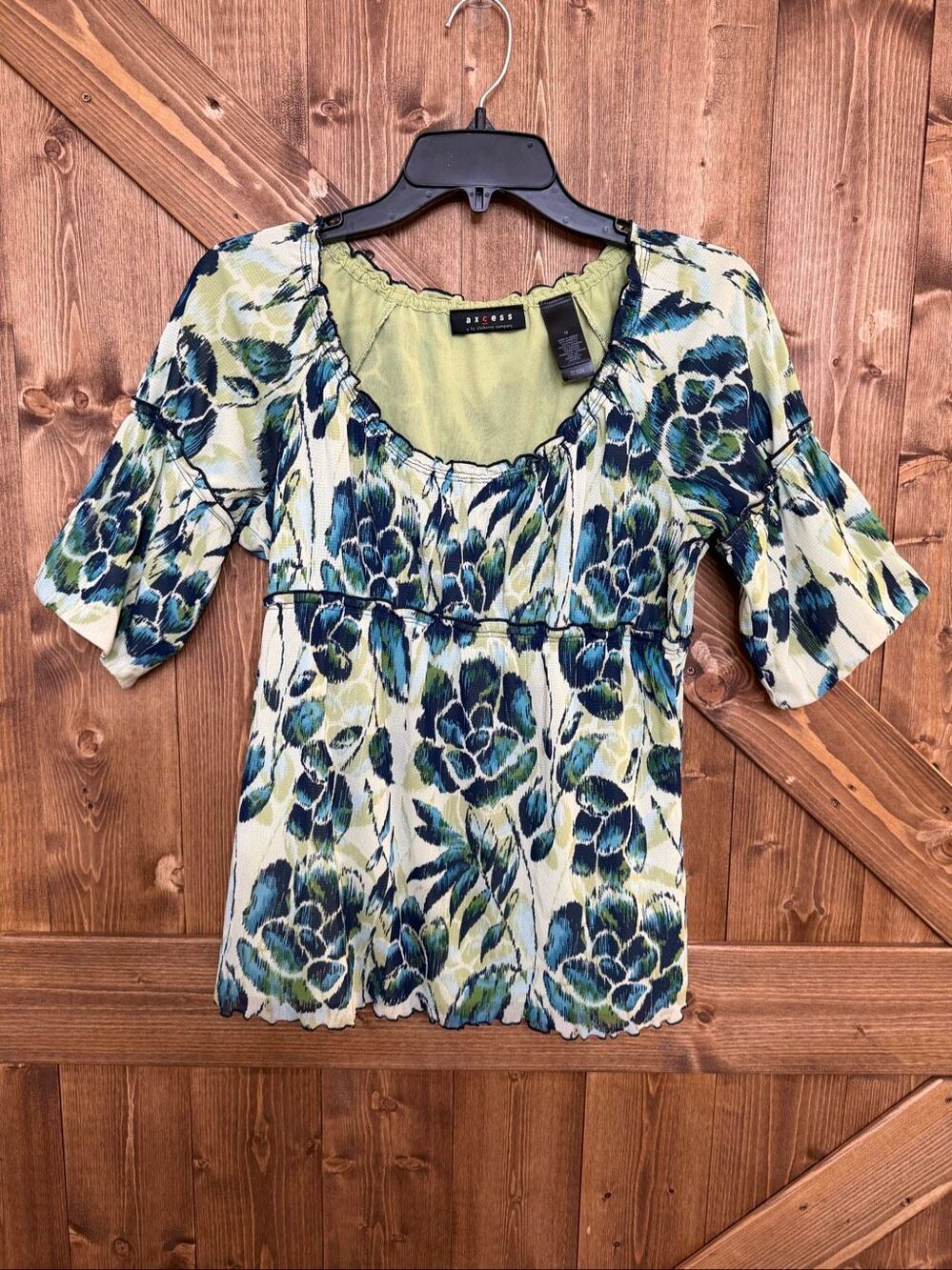 Axcess Liz Claiborne Women’s M Floral Blouse Blue Green Empire Waist Bell Sleeve